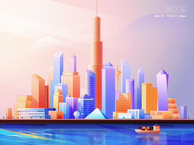 City ​​building affinitydesigner blue building cargo ship city illustrations orange vector