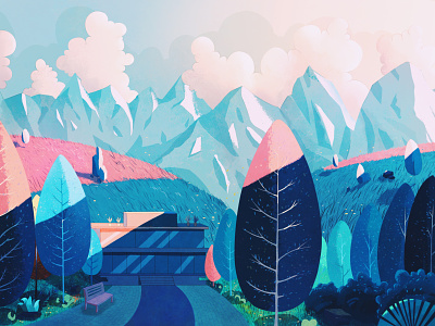 mountain house illustrations mountain trees