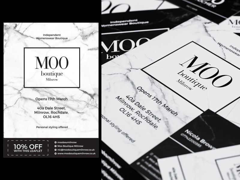 Moo Boutique Milnrow boutique branding businesscard design fashion flyer graphic marble monochrome print spotuv voucher