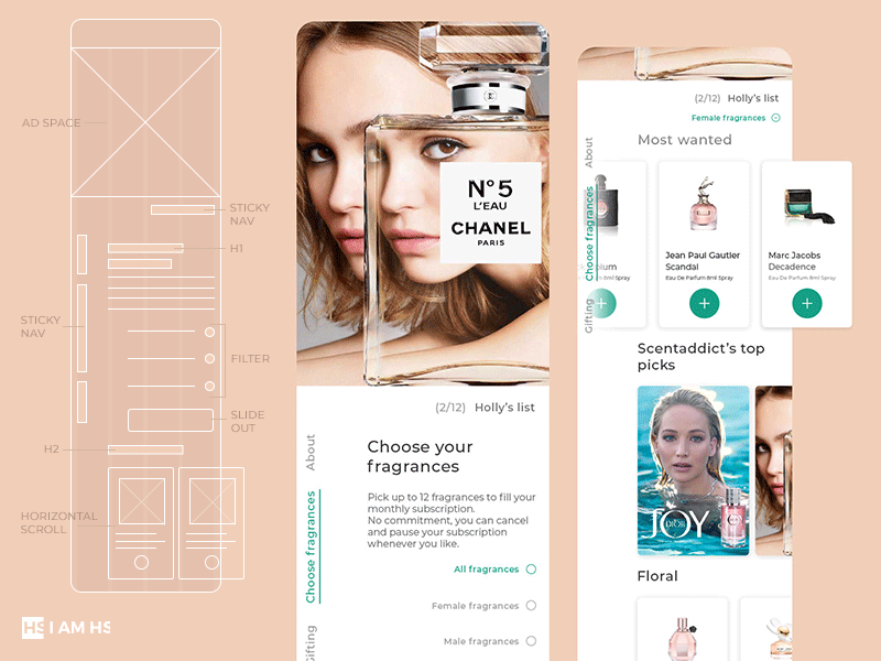 Fragrance Subscription Concept account app creative design graphic grid homepage layout listpage menu mobile navigation personalised ui ux website wire frame