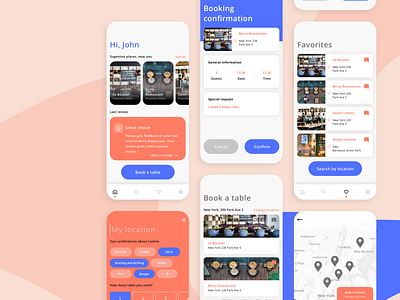 Restaurant's booking application - dashboards app apple booking booking app button dashboad filters food graphic graphicdesign map mobile app mobile ui reservation restaurant searching sketch