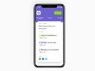 Showing Analytics of the Question Answered analytics answer app bars card data design green hyperlocal ios post probe purple questions survey ui ux