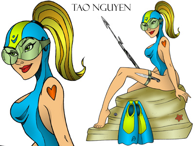 Tao Nguyen's Blue Scuba Girl Colored Drawing cartoon characterdesign comicart conceptart dangergirl jamesbond marveldccomics scubadiving sketchdrawing snorkeling speargun taonguyen