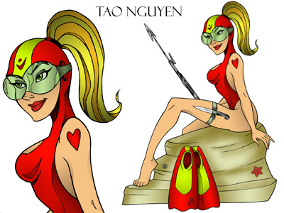 Tao Nguyen's Red Scuba Girl Colored Drawing cartoon characterdesign comicart conceptart dangergirl jamesbond marveldccomics scubadiving sketchdrawing snorkeling speargun taonguyen