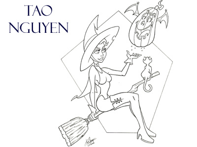 Tao Nguyen's Witch Girl Drawing animation cartoon cat characterdesign conceptart halloween illustration jackolantern pumpkin sketchdrawing taonguyen witch