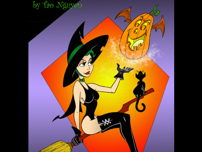 Tao Nguyen's Witch Girl Colored Drawing animation blackcat cartoon characterdesign conceptart halloween illustration jackolantern pumpkin sketchdrawing taonguyen witch