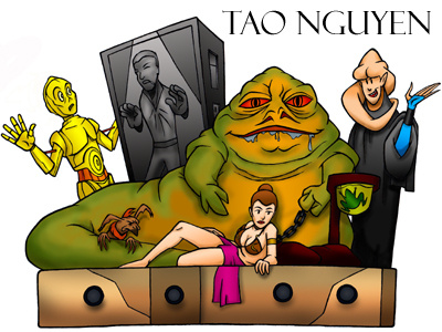 Tao Nguyen's Jabba and Friends Colored Drawing animation cartoon characterdesign conceptart hansolo illustration jabbathehutt princessleia returnofthejedi sketchdrawing starwars taonguyen