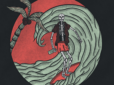 Surfing beer beers close up detail gig halftone palm tree poster shred skeleton surf swell swim swim shorts swimming
