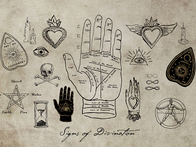 The Messy Mystic: Signs of Divination art licensing. hand drawn astrology atmospheric clipart design tools enchanted gold metallic graphic resources mystical oracle cards tarot cards vectors