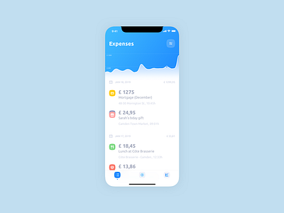 Expenses list ai blue expenses finance gradient graph ios iphone x list machine learning money ui ux