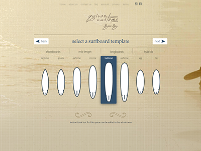 Select A Board beige interface surfboard ui website