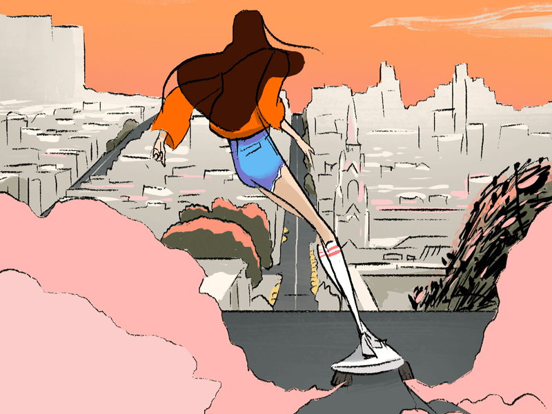 Downhill 2d animation city frame by frame girl illustration jeans long hair longboard shorts skate socks sunset