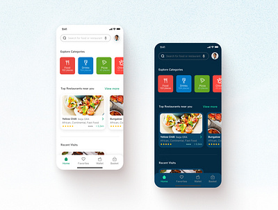 Light and Dark modes - Home screen for food ordering mobile app categories design dine eat ekojeun explore food food ordering home screen homepage ikanthony ios mobile app navigation restaurant ui uiux ux