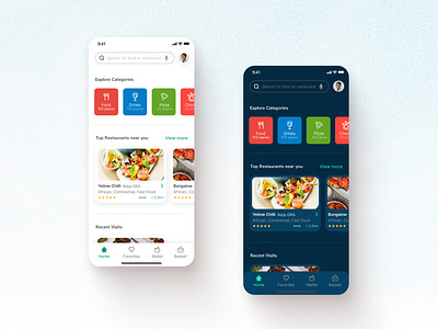 Light and Dark modes - Home screen for food ordering mobile app