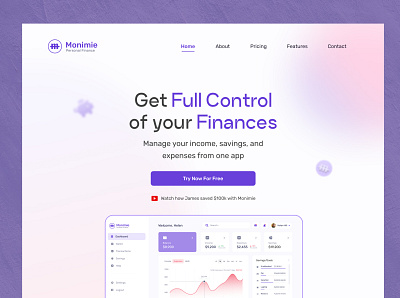 Landing page design for personal finance web app - Daily UI dailyui dashboard design finance financial fintech ikanthony landing page money monimie purple ui uiux ux web web app website