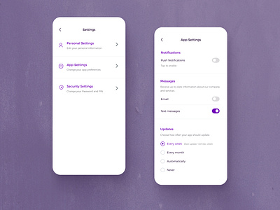 Settings screens for mobile app - Daily UI