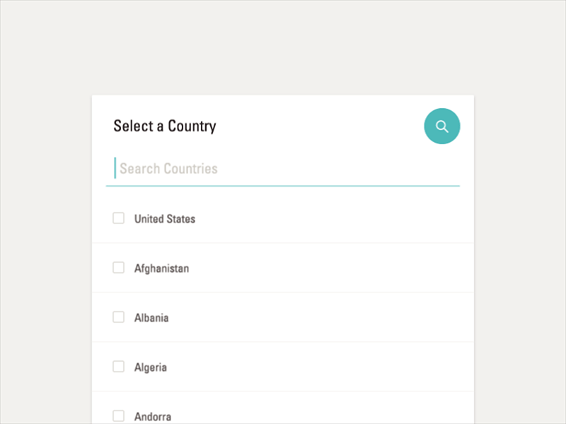 Searching for Countries card ui flat ui list simple user experience user interface ux