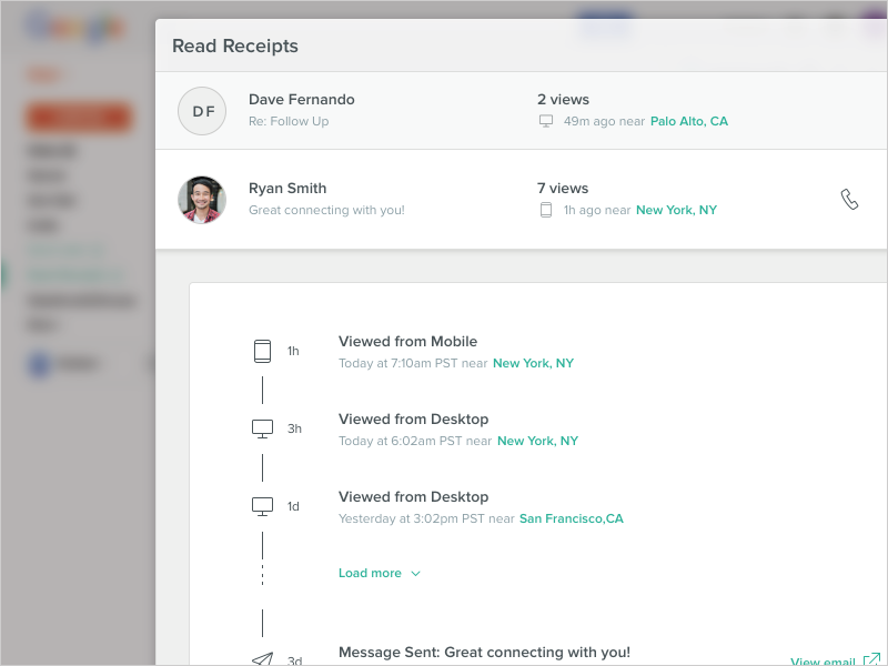 Read Receipts For Chrome user experience outlook gmail activity timeline list product design email timeline