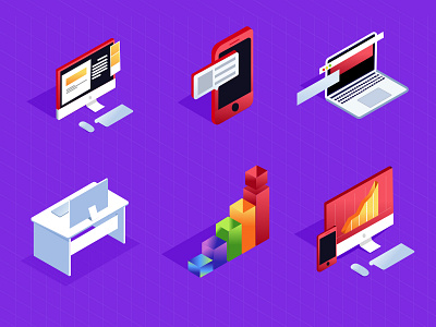 Sketch Isometric Icons Set for Office Stuff gradient grid illustration isometric laptop office sketch