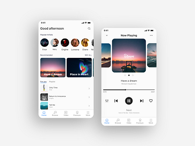 Home & Player Screens - Music App appdesign aspirstudio aspirstudiodesign cleanui design dribbbleshots modernui newdesign