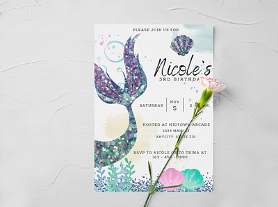 Under the Sea - Mermaid Tail Girl Birthday Invitation canva design digital invitation girl birthday graphic design illustration invitation template mermaid birthday mermaid birthday ideas mermaid birthday party mermaid invitation mermaid tail design toddler girl under the sea birthday under the sea birthday ideas