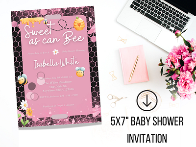 Pink Honey Bee Baby Shower Invitation baby invite ideas baby shower baby shower ideas baby shower invite baby shower invite ideas canva design digital invitation graphic design honey bee invite illustration invitation ideas invitation template pink baby pink baby bee pink baby shower