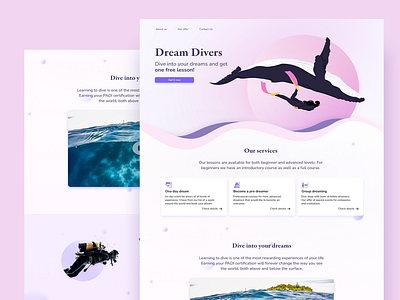 Diving school landing page dailyui design divers diving dream figma graphic design landing page pastels pink school scuba diving ui ux vector vibe website
