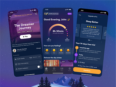 Sleep Monitoring Mobile App | UI Challenge #04 app bedtime design ios meditation meditation app mobile mobile design product design relax sleep sleep app sleep tracker sleeping stories ui ux yoga yoga app zen