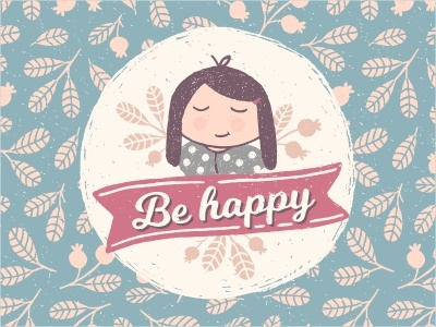 Be happy berry blue card foliage girl happy pattern