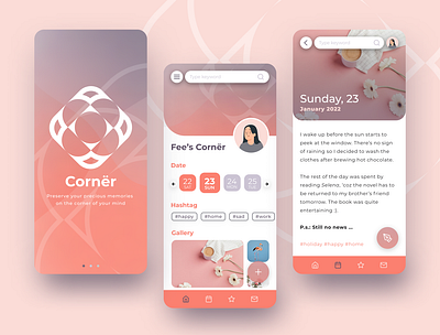 Cornër - Journaling Mobile App app application design graphic design icon illustration journal journaling mobile typography ui vector
