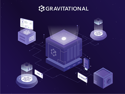Gravitational abstract air gapped application art aws branding cosmos design developers gravitational gravity id illustration isometric perspective purple tech teleport