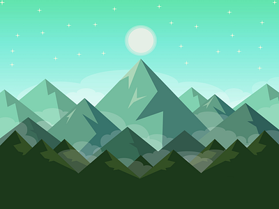Mountains in the night clouds flat fog forest graphic illustration moon mountains sky stars vector wood