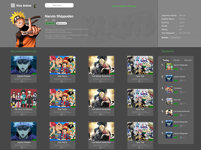 Kiss Anime anime dashboard design landing page ui