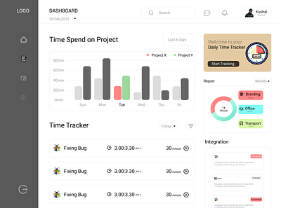 Project Time Tracker dashboard design landing page time tracker ui