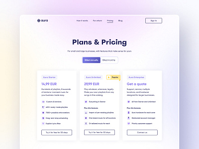 Aura Website – Pricing Page 3d icons design gradient icons interface landing page minimalist music pricing pricing page typography ui ux web website