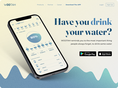 Wootah, Drink Reminder App (Landing Page Concept) android app branding design drink water ios landing page typography ui ux
