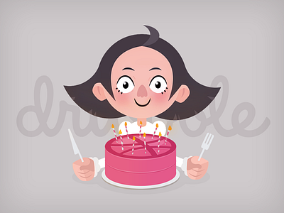 Happy Dribbble to Me birthday cake candles cartoon debut first shot flat girl illustration thank you thanks vector