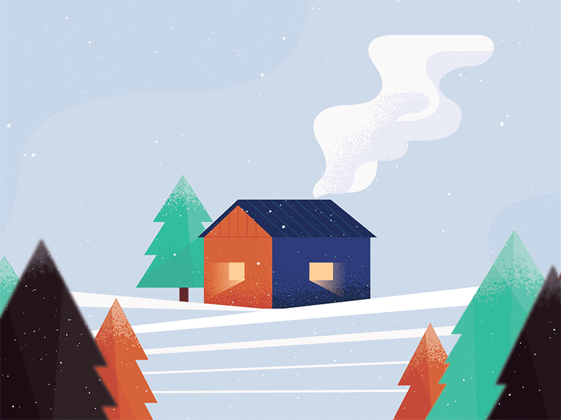 tiny house animation christmas farm field holiday illustration light particle snow stipple texture trees
