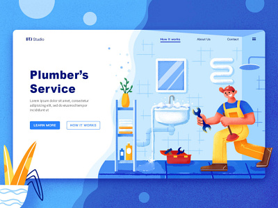 SA9527 - Redesign Concept Banner 6 art banner business concept creative design development illustration landing page launch page plumber plumber guy process strategy technology vector web app website