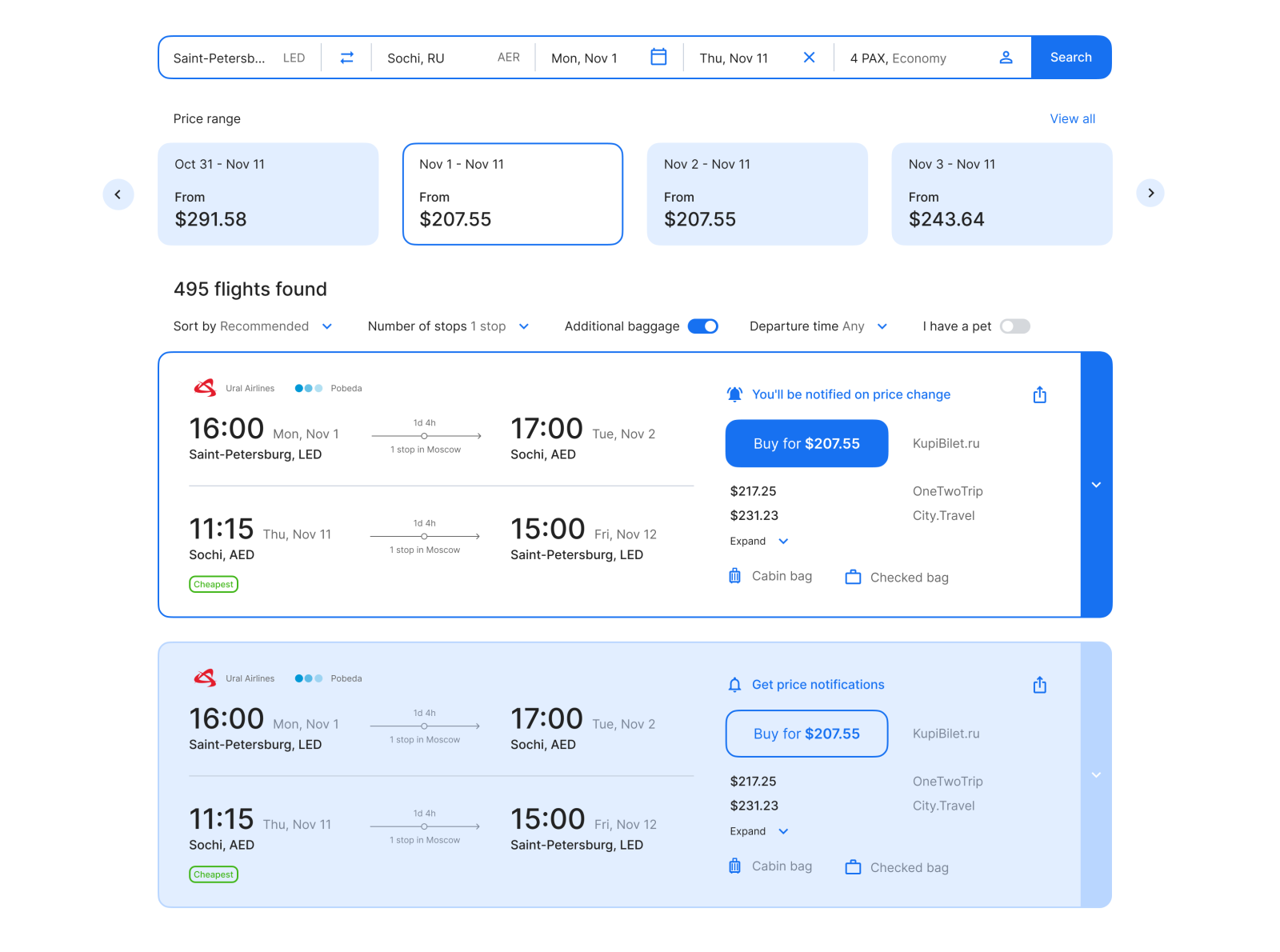 Flights booking page by Mikhail Pavlov on Dribbble