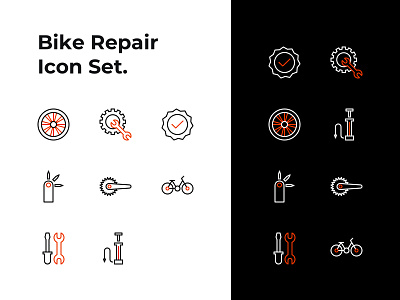 Bike Repair Service Line Icons bicycle bike branding design icon icon design icon set iconography icons illustraion line art logo service shop stroke icons ui ux vector