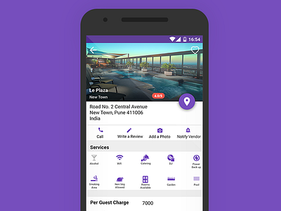 Detail screen for Venue Lists android app banner detail view hotel icons map marriage app material design tabs venue wed app