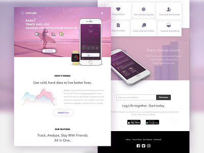 Landing page concept design for activity log app activity app charts log pink track