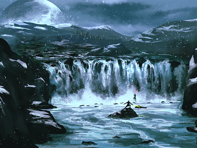 Jedi Duel illustration jedi lightsaber river star wars waterfall