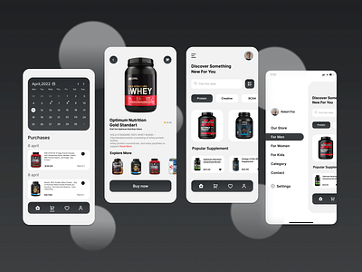 Store of supplements app appdesign application black dark design figma fitness gym health mobile mobileapp protein sport supplements ui ux