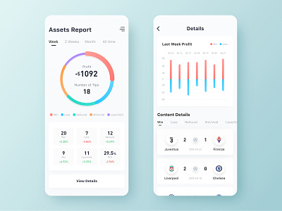 Assets Report app data flat guessing competition investment sports statistics ui ux