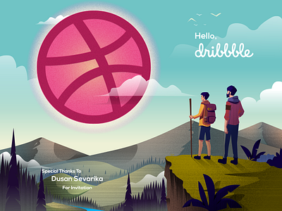 Hello Dribbble! :) beautful debut first illustration invitation landscape mountain shot sky