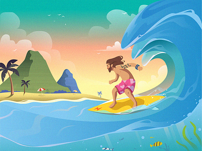 Holiday Beach! beach fish hipster holiday illustration landscape love mountain sea sky surfing wave