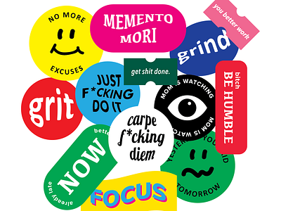 Motivation Sticker Set circle color design drawing face fun graphic humorous joke quotes simple sticker sticker set typography vector word