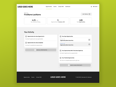 Dashboard Page account dashboard events footer header opportunity profile ui ux volunteer wireframe